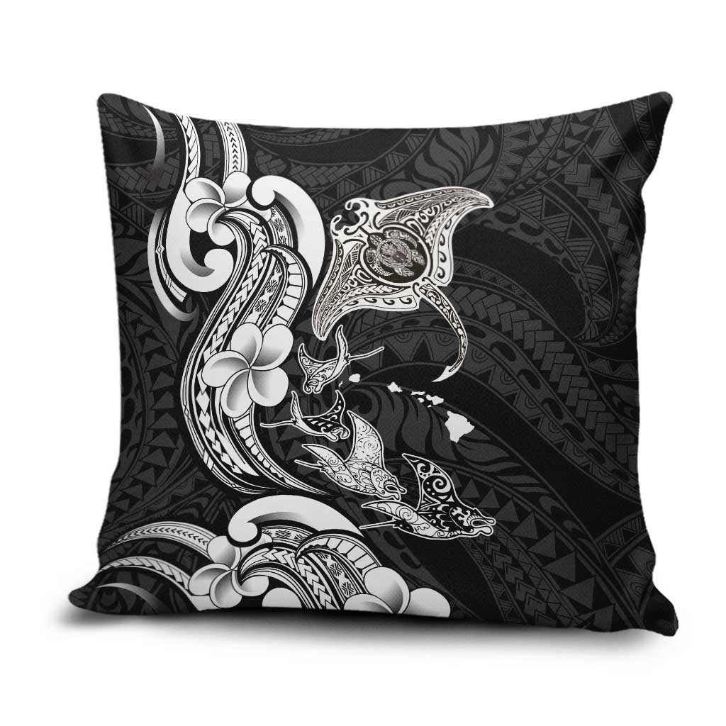 Hawaiian Manta Rays Pillow Cover Tribal Hibiscus Polynesian Tattoos Black Color LT03 Black - Polynesian Pride