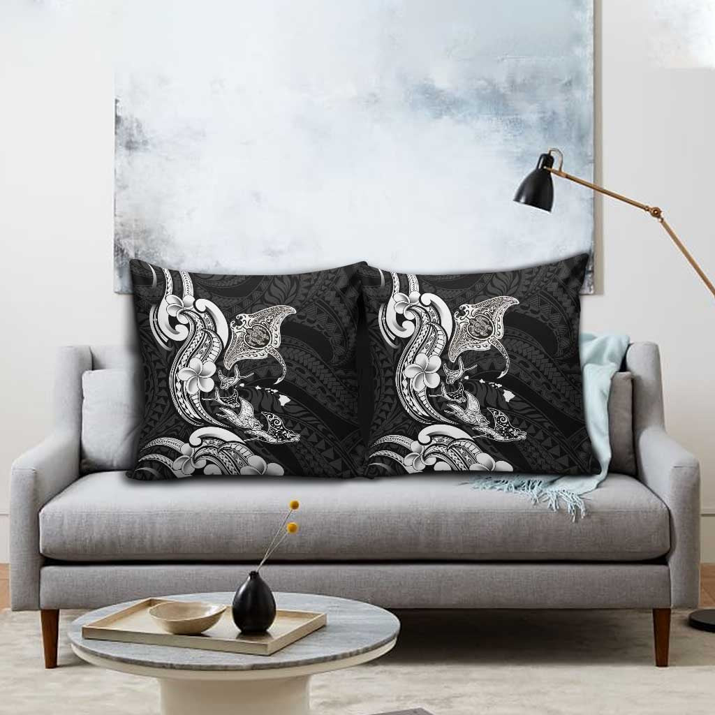 Hawaiian Manta Rays Pillow Cover Tribal Hibiscus Polynesian Tattoos Black Color LT03 - Polynesian Pride