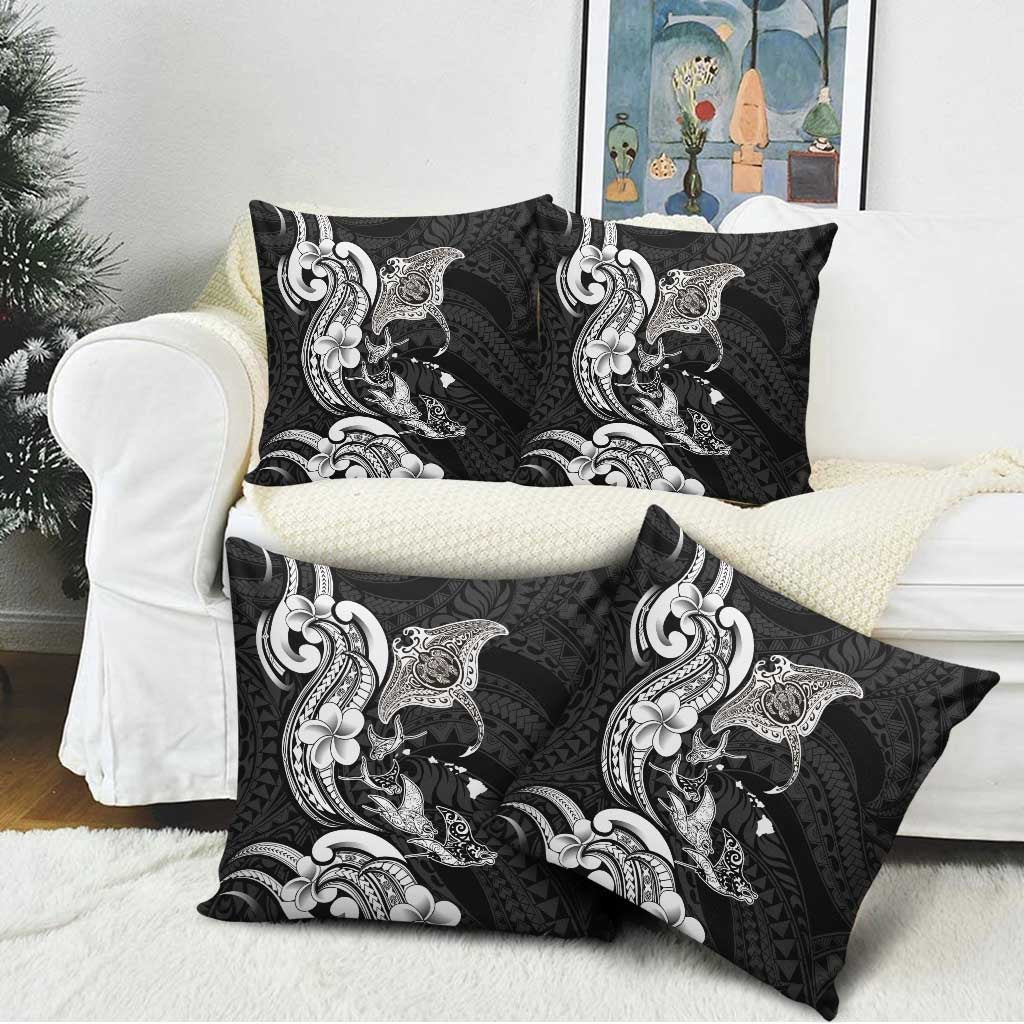 Hawaiian Manta Rays Pillow Cover Tribal Hibiscus Polynesian Tattoos Black Color LT03 - Polynesian Pride