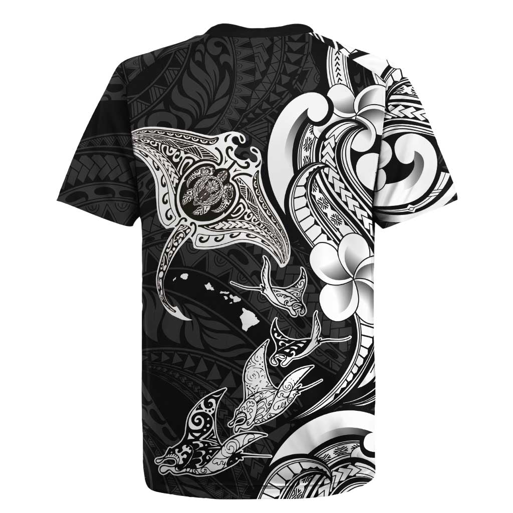 Hawaiian Manta Rays Rugby Jersey Tribal Hibiscus Polynesian Tattoos Black Color - Polynesian Pride