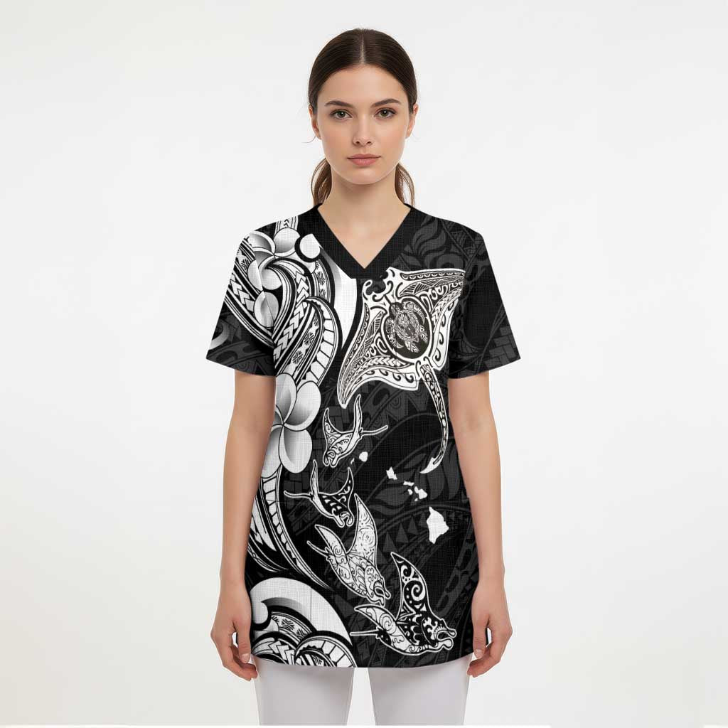 Hawaiian Manta Rays Scrub Top Tribal Hibiscus Polynesian Tattoos Black Color - Polynesian Pride