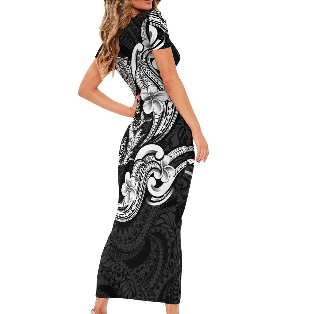 Hawaiian Manta Rays Short Sleeve Bodycon Dress Tribal Hibiscus Polynesian Tattoos Black Color LT03 - Polynesian Pride