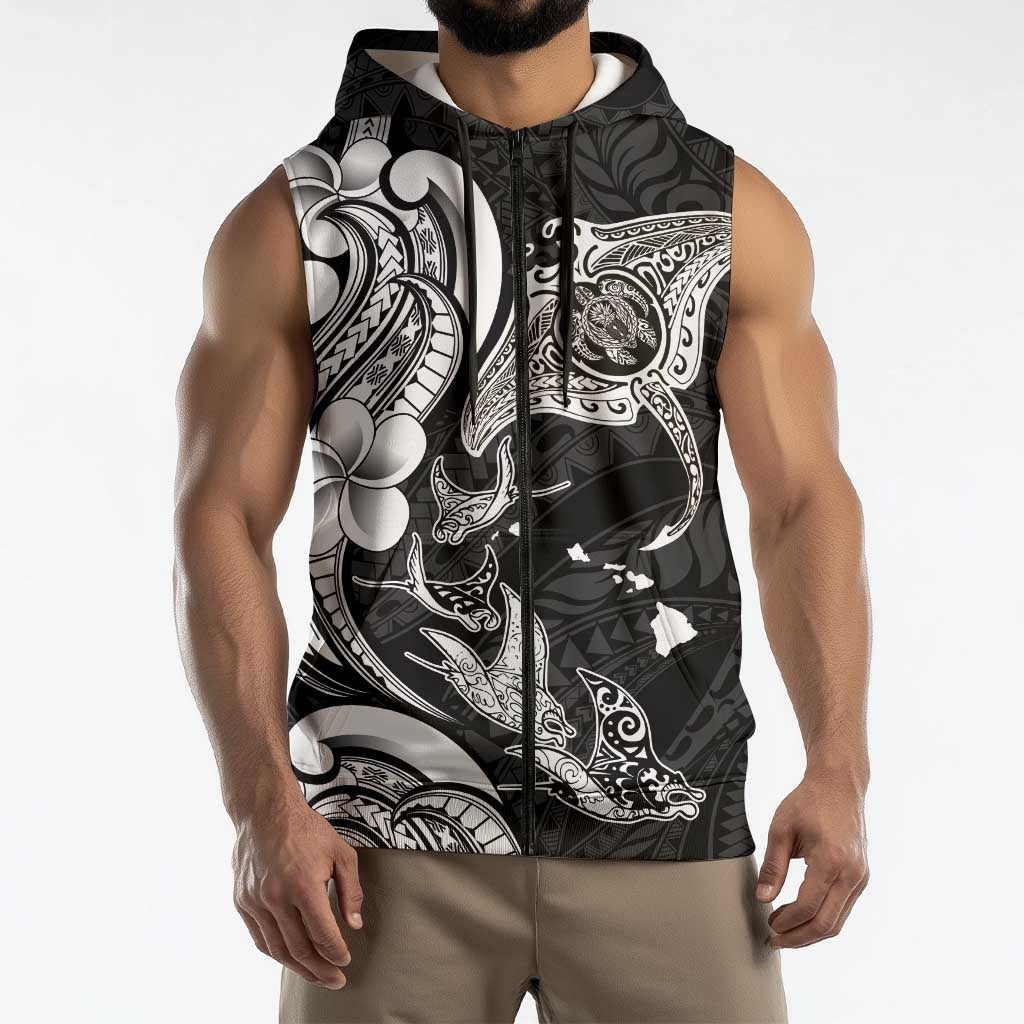 Hawaiian Manta Rays Sleeveless Zip Hoodie Tribal Hibiscus Polynesian Tattoos Black Color LT03 - Polynesian Pride