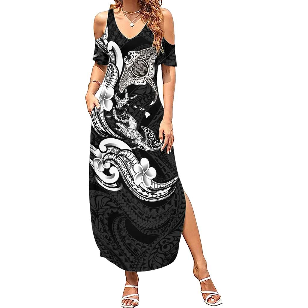Hawaiian Manta Rays Summer Maxi Dress Tribal Hibiscus Polynesian Tattoos Black Color - Polynesian Pride