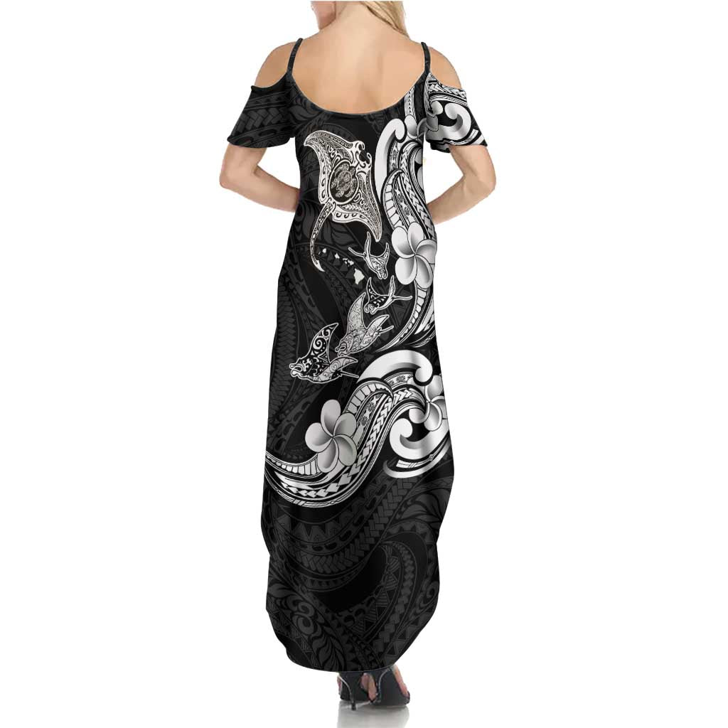 Hawaiian Manta Rays Summer Maxi Dress Tribal Hibiscus Polynesian Tattoos Black Color - Polynesian Pride