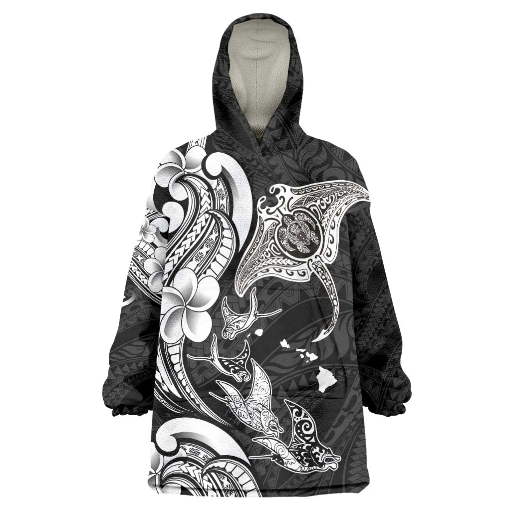 Hawaiian Manta Rays Wearable Blanket Hoodie Tribal Hibiscus Polynesian Tattoos Black Color LT03 One Size Black - Polynesian Pride