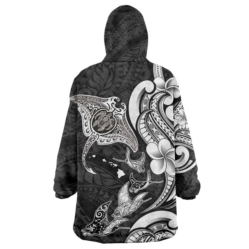 Hawaiian Manta Rays Wearable Blanket Hoodie Tribal Hibiscus Polynesian Tattoos Black Color LT03 - Polynesian Pride