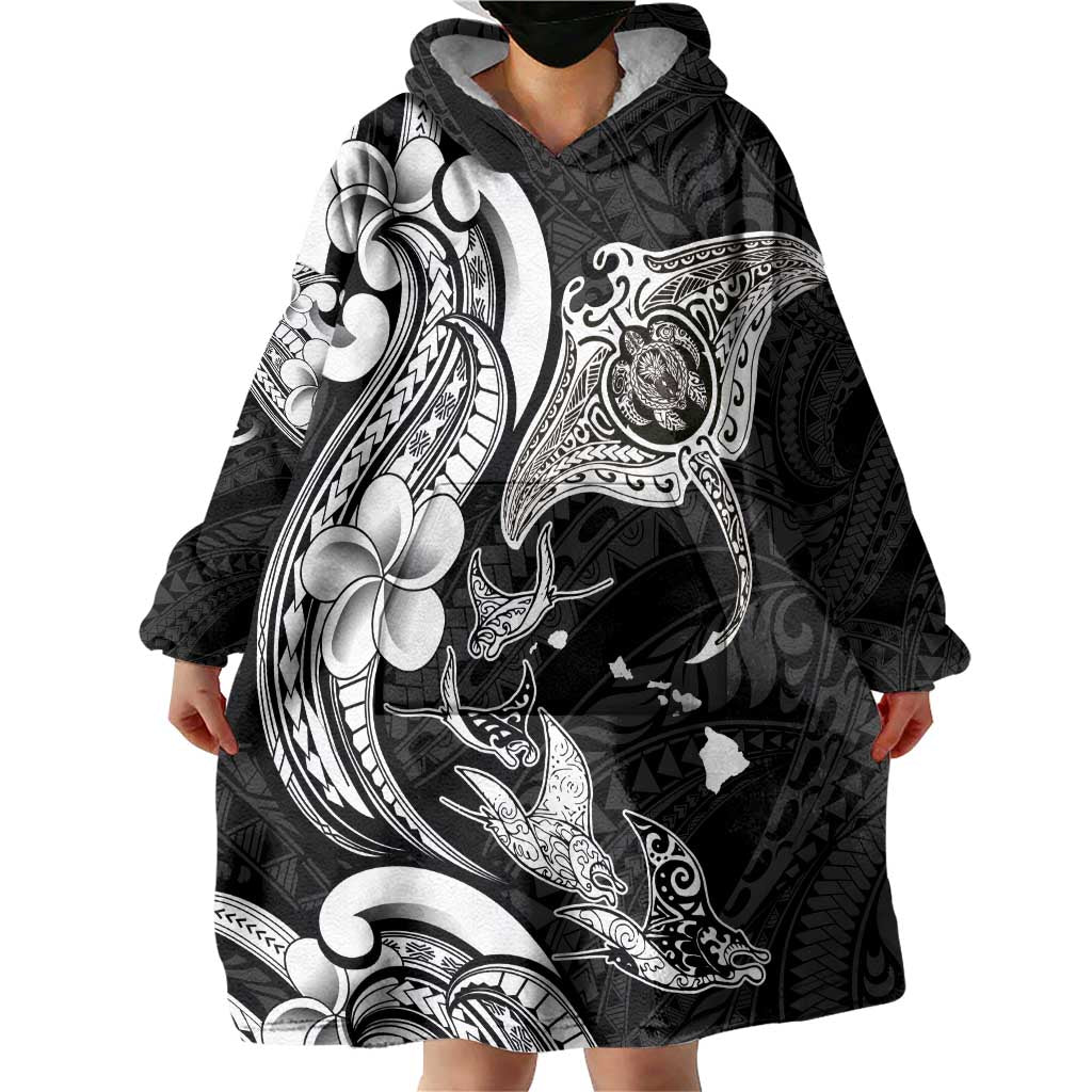 Hawaiian Manta Rays Wearable Blanket Hoodie Tribal Hibiscus Polynesian Tattoos Black Color LT03 - Polynesian Pride