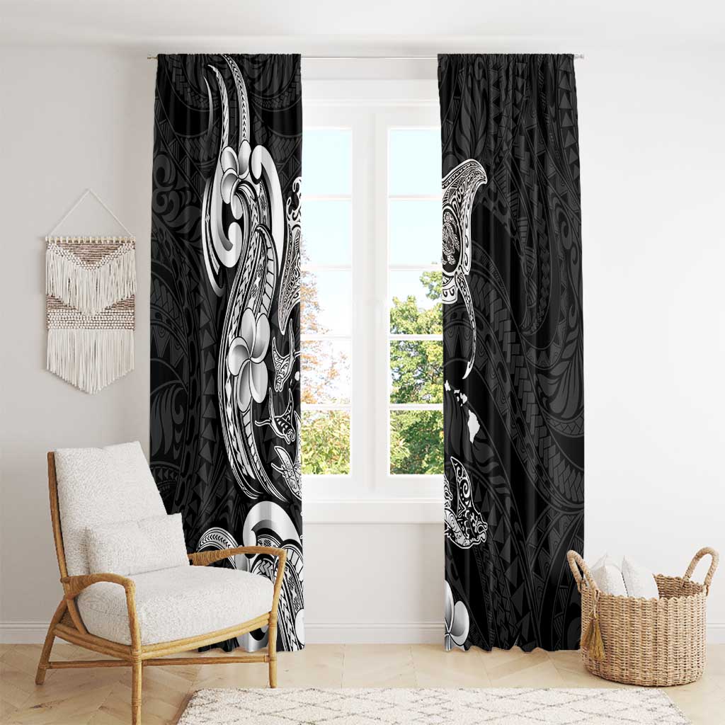 Hawaiian Manta Rays Window Curtain Tribal Hibiscus Polynesian Tattoos Black Color - Polynesian Pride