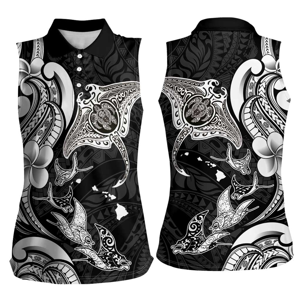 Hawaiian Manta Rays Women Sleeveless Polo Shirt Tribal Hibiscus Polynesian Tattoos Black Color LT03 - Polynesian Pride