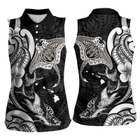 Hawaiian Manta Rays Women Sleeveless Polo Shirt Tribal Hibiscus Polynesian Tattoos Black Color LT03 - Polynesian Pride