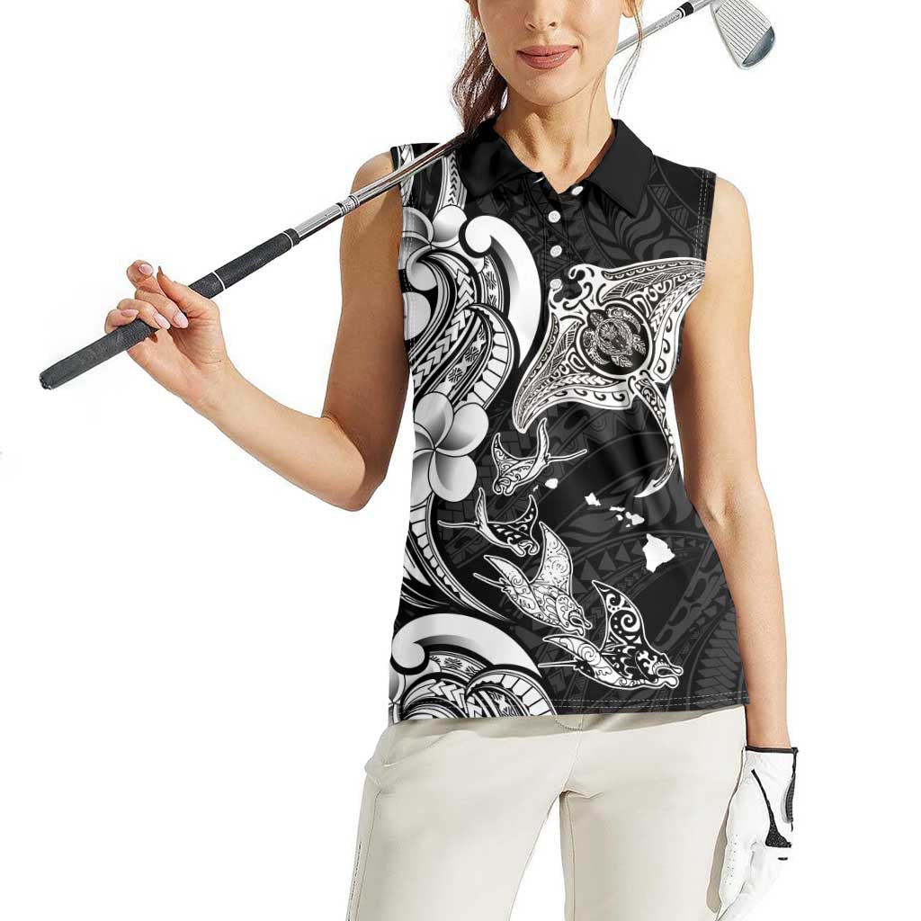 Hawaiian Manta Rays Women Sleeveless Polo Shirt Tribal Hibiscus Polynesian Tattoos Black Color LT03 - Polynesian Pride