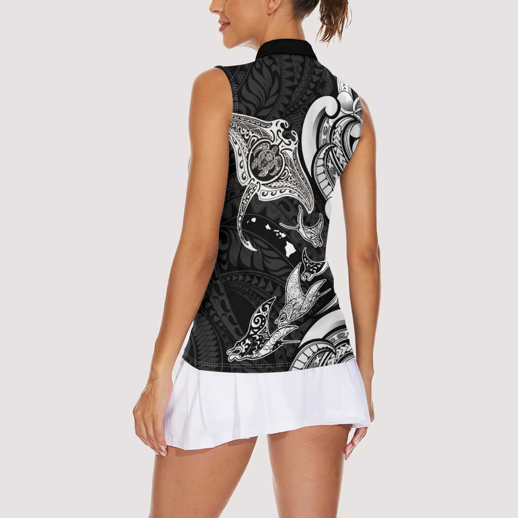 Hawaiian Manta Rays Women Sleeveless Polo Shirt Tribal Hibiscus Polynesian Tattoos Black Color LT03 - Polynesian Pride