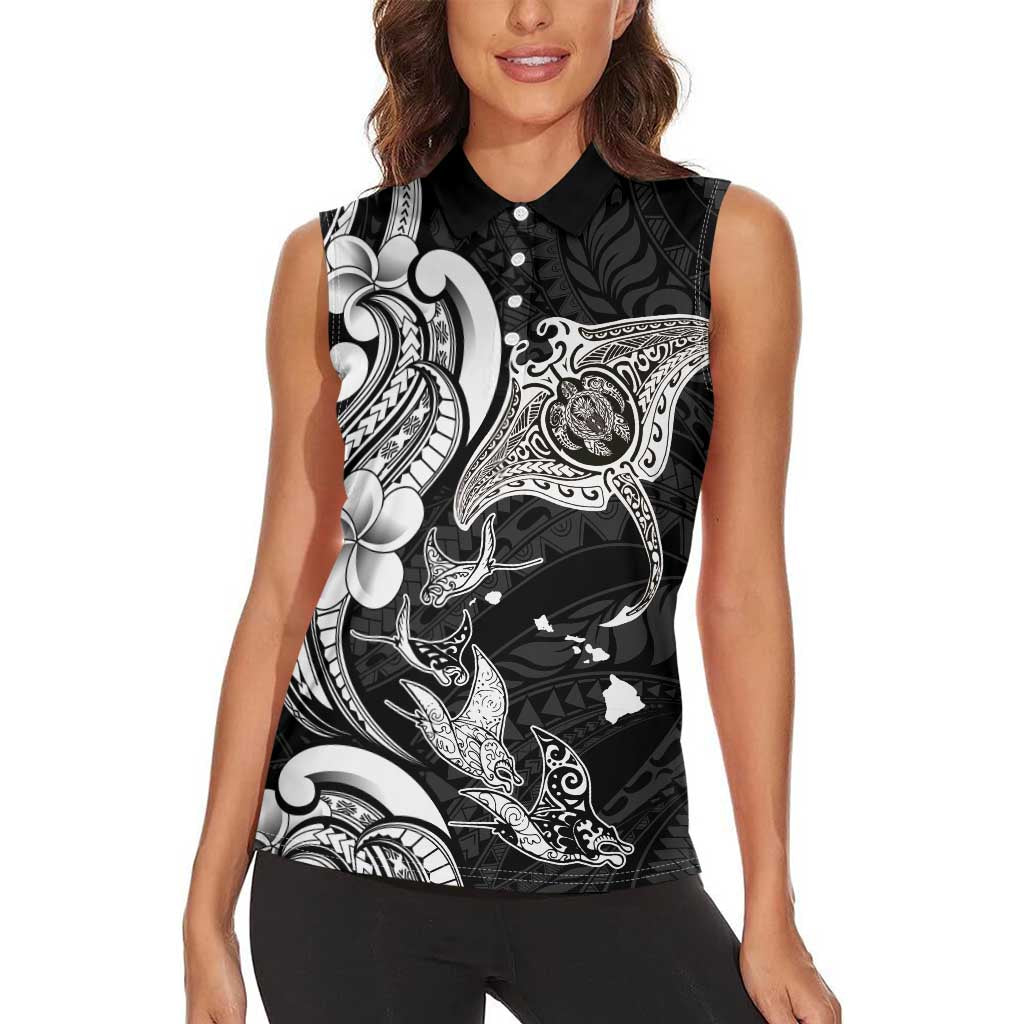 Hawaiian Manta Rays Women Sleeveless Polo Shirt Tribal Hibiscus Polynesian Tattoos Black Color LT03 - Polynesian Pride