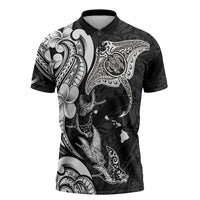 Hawaiian Manta Rays Zipper Polo Shirt Tribal Hibiscus Polynesian Tattoos Black Color LT03 Black - Polynesian Pride