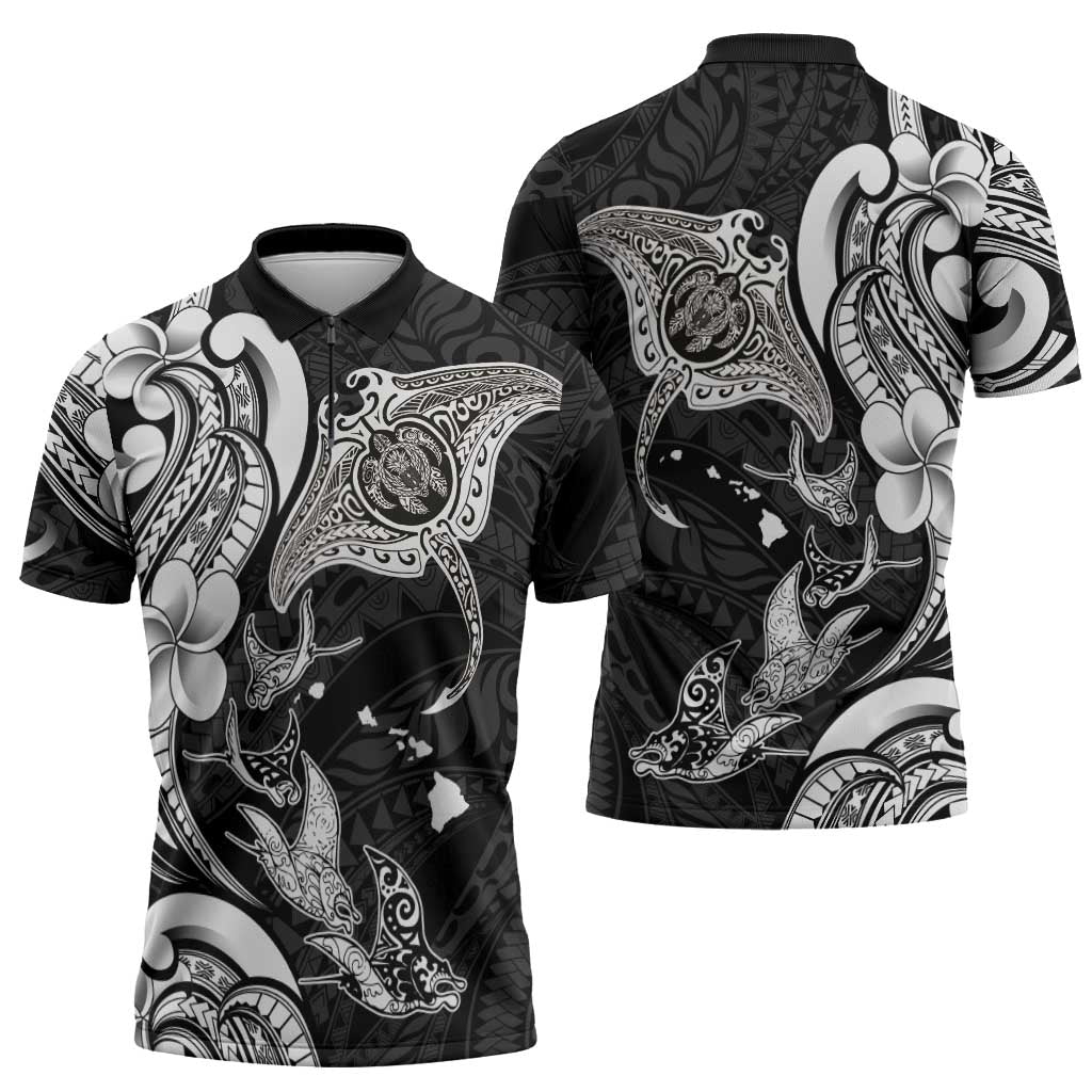 Hawaiian Manta Rays Zipper Polo Shirt Tribal Hibiscus Polynesian Tattoos Black Color LT03 - Polynesian Pride