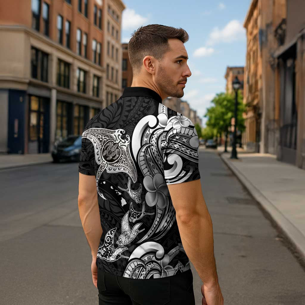 Hawaiian Manta Rays Zipper Polo Shirt Tribal Hibiscus Polynesian Tattoos Black Color LT03 - Polynesian Pride