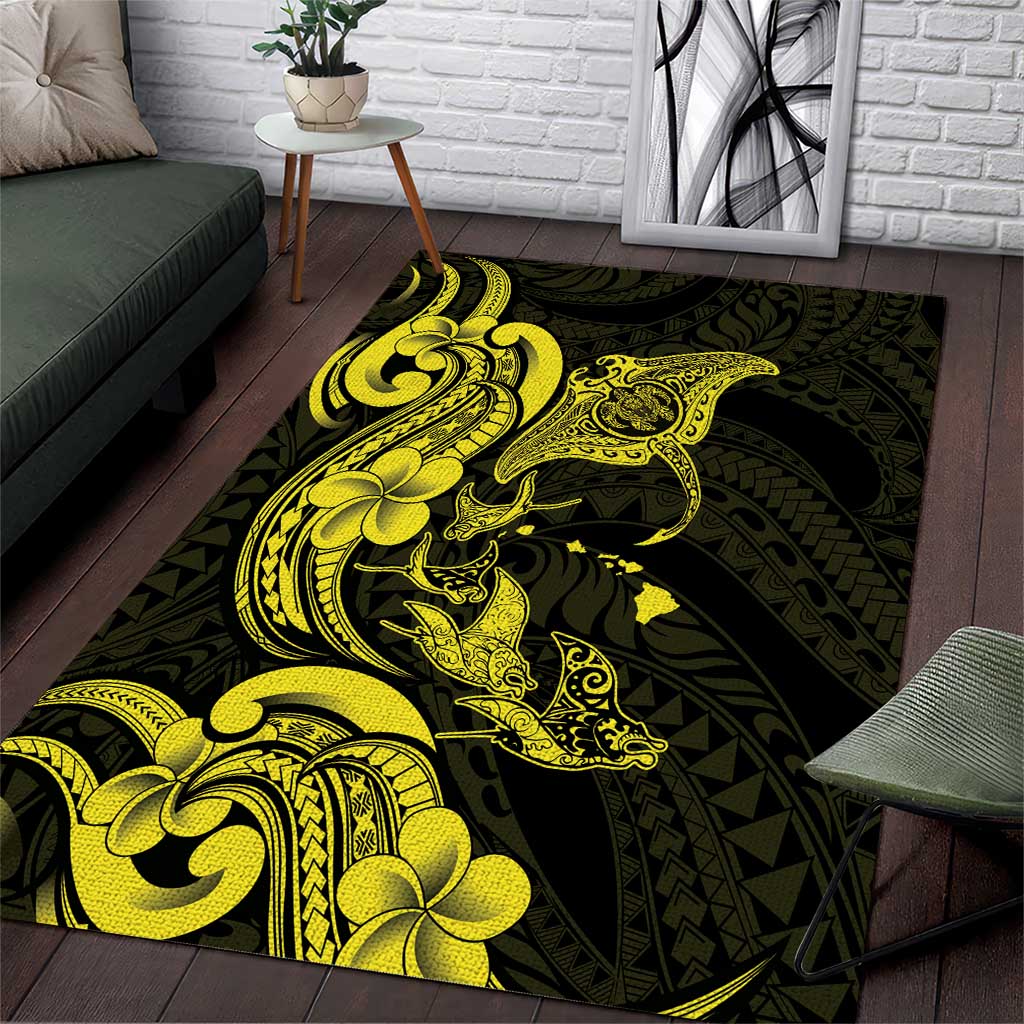 Hawaiian Manta Rays Area Rug Tribal Hibiscus Polynesian Tattoos Yellow Color LT03 Yellow - Polynesian Pride