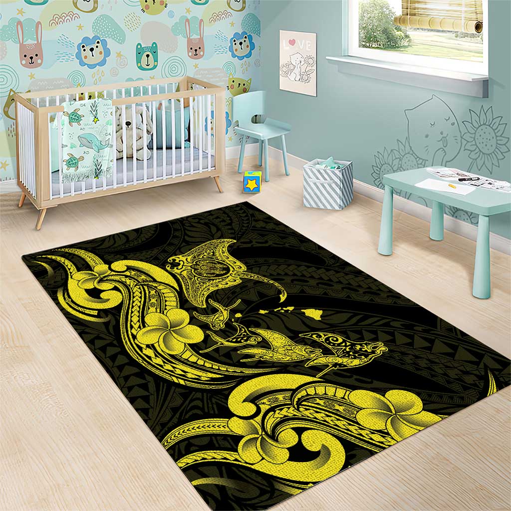 Hawaiian Manta Rays Area Rug Tribal Hibiscus Polynesian Tattoos Yellow Color LT03 - Polynesian Pride