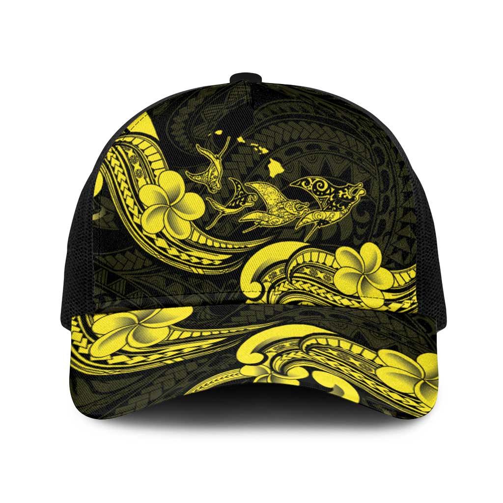 Hawaiian Manta Rays Baseball Net Cap Tribal Hibiscus Polynesian Tattoos Yellow Color - Polynesian Pride