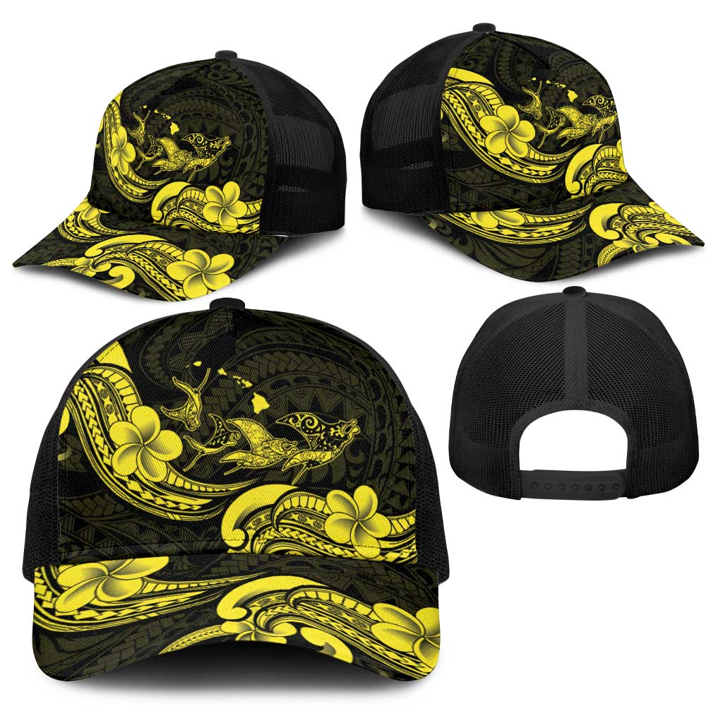 Hawaiian Manta Rays Baseball Net Cap Tribal Hibiscus Polynesian Tattoos Yellow Color - Polynesian Pride