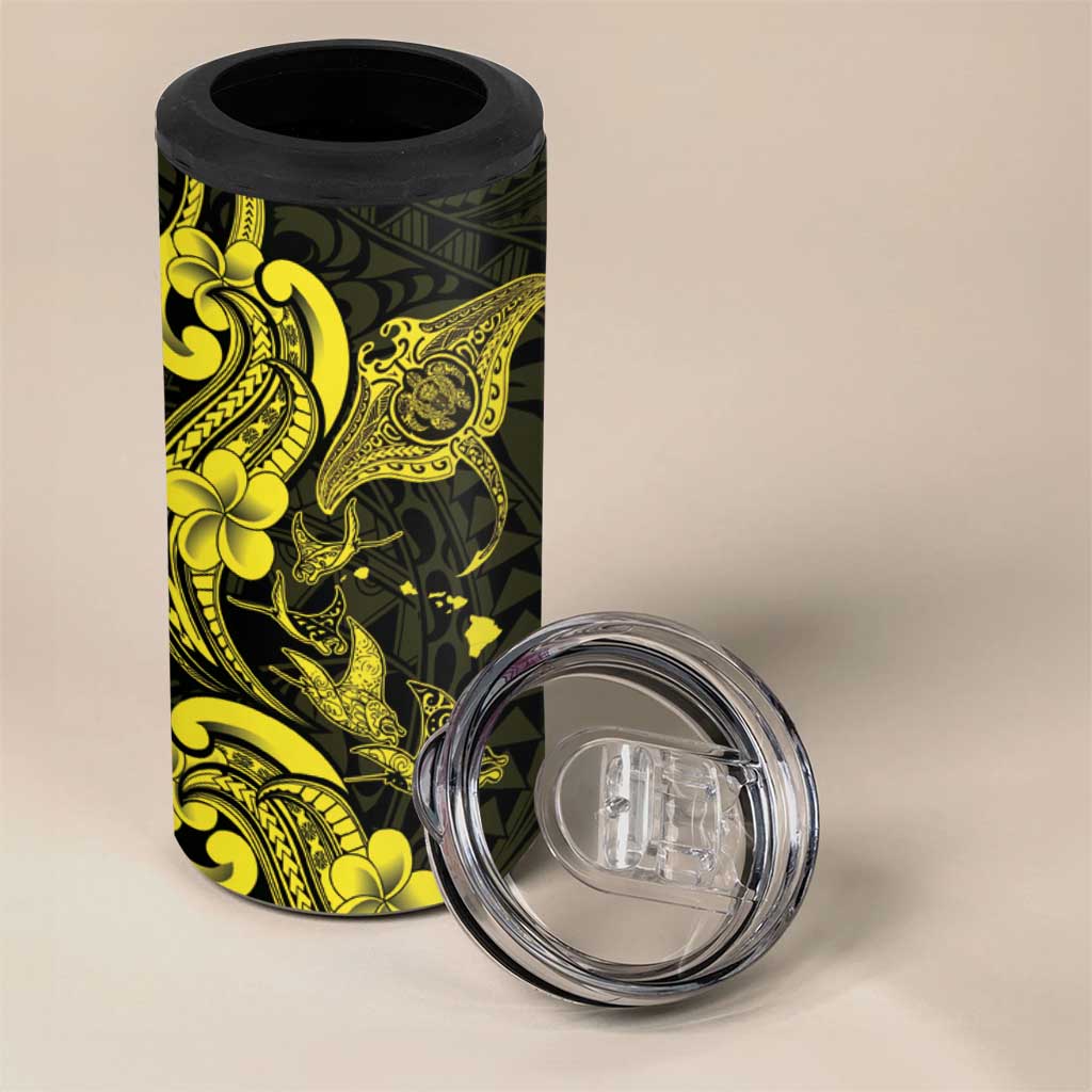 Hawaiian Manta Rays 4 in 1 Can Cooler Tumbler Tribal Hibiscus Polynesian Tattoos Yellow Color LT03 - Polynesian Pride