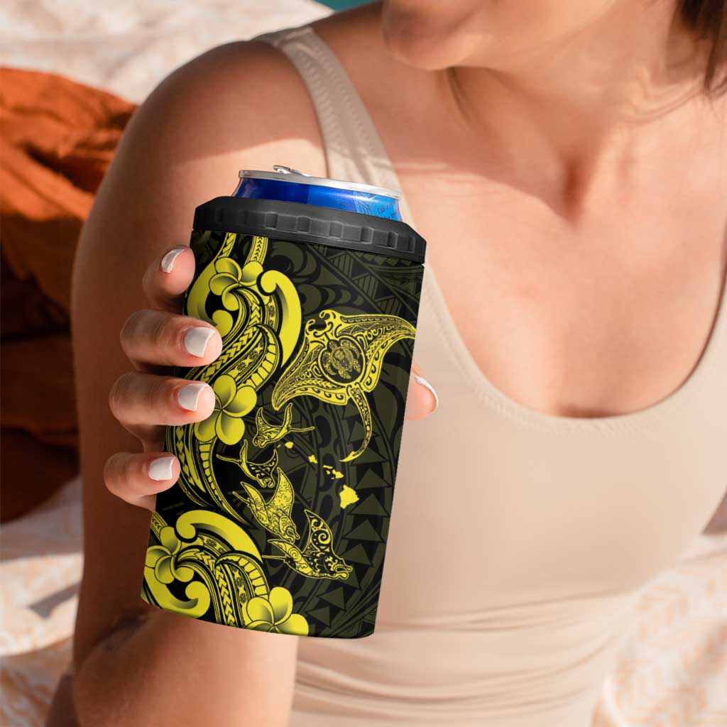 Hawaiian Manta Rays 4 in 1 Can Cooler Tumbler Tribal Hibiscus Polynesian Tattoos Yellow Color LT03 - Polynesian Pride