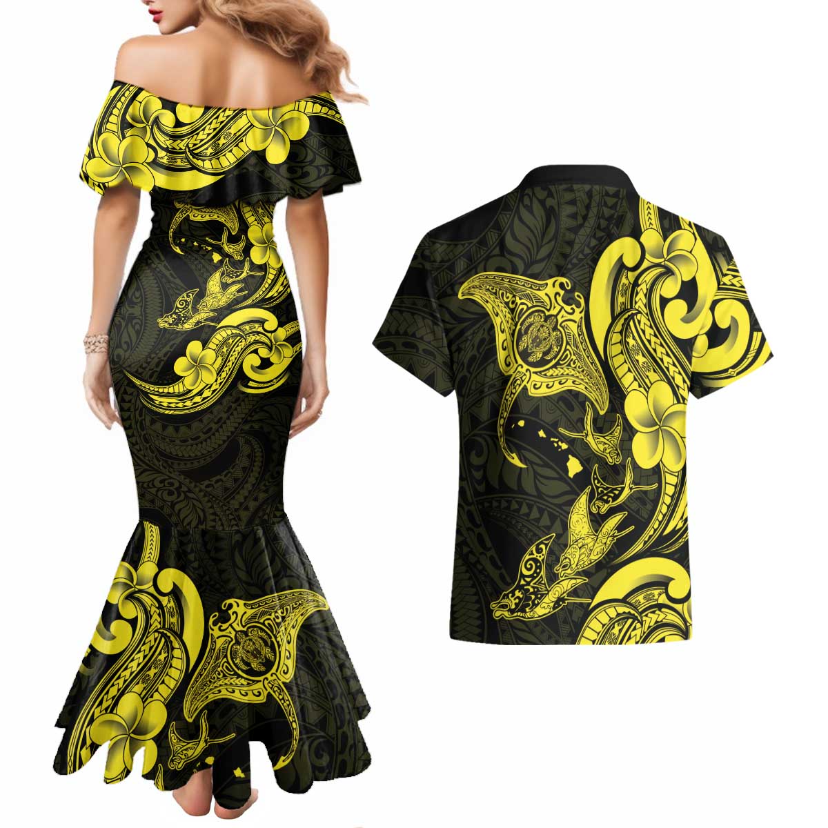 Hawaiian Manta Rays Couples Matching Mermaid Dress and Hawaiian Shirt Tribal Hibiscus Polynesian Tattoos Yellow Color LT03 - Polynesian Pride