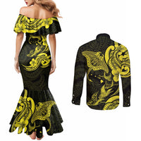 Hawaiian Manta Rays Couples Matching Mermaid Dress and Long Sleeve Button Shirt Tribal Hibiscus Polynesian Tattoos Yellow Color LT03 - Polynesian Pride
