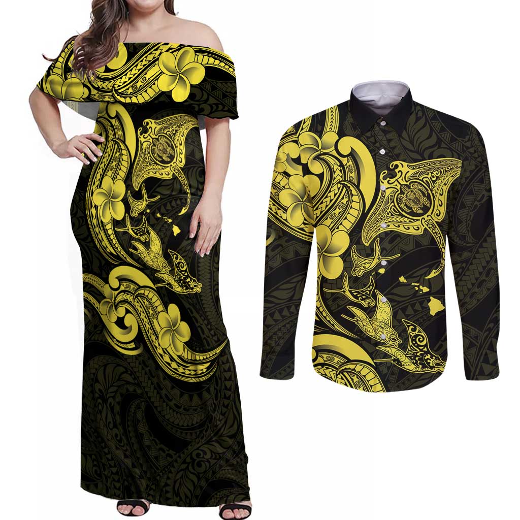 Hawaiian Manta Rays Couples Matching Off Shoulder Maxi Dress and Long Sleeve Button Shirt Tribal Hibiscus Polynesian Tattoos Yellow Color LT03 Yellow - Polynesian Pride