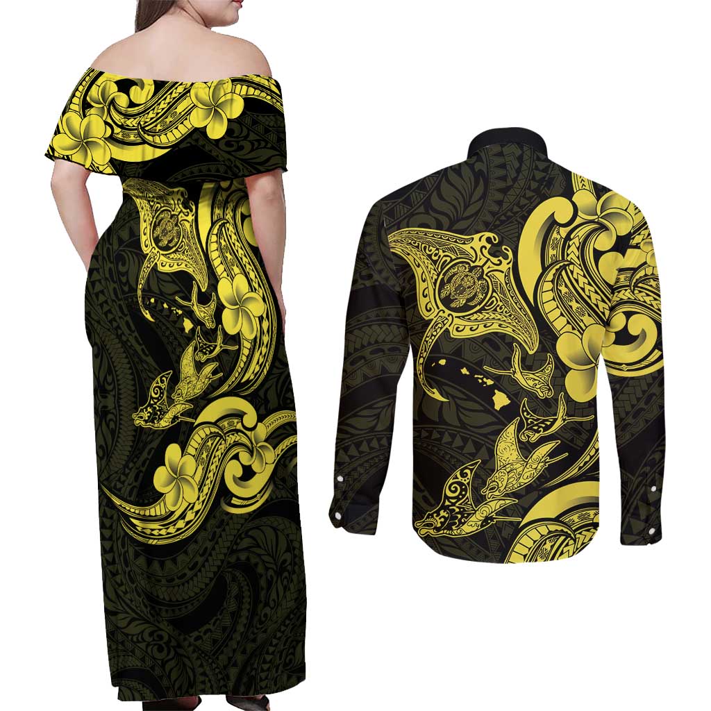 Hawaiian Manta Rays Couples Matching Off Shoulder Maxi Dress and Long Sleeve Button Shirt Tribal Hibiscus Polynesian Tattoos Yellow Color LT03 - Polynesian Pride