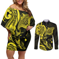 Hawaiian Manta Rays Couples Matching Off Shoulder Short Dress and Long Sleeve Button Shirt Tribal Hibiscus Polynesian Tattoos Yellow Color LT03 Yellow - Polynesian Pride