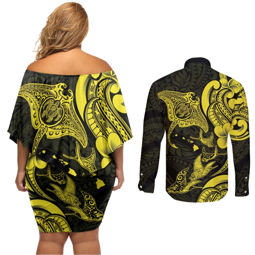 Hawaiian Manta Rays Couples Matching Off Shoulder Short Dress and Long Sleeve Button Shirt Tribal Hibiscus Polynesian Tattoos Yellow Color LT03 - Polynesian Pride