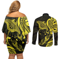 Hawaiian Manta Rays Couples Matching Off Shoulder Short Dress and Long Sleeve Button Shirt Tribal Hibiscus Polynesian Tattoos Yellow Color LT03 - Polynesian Pride