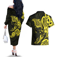 Hawaiian Manta Rays Couples Matching Off The Shoulder Long Sleeve Dress and Hawaiian Shirt Tribal Hibiscus Polynesian Tattoos Yellow Color LT03 - Polynesian Pride
