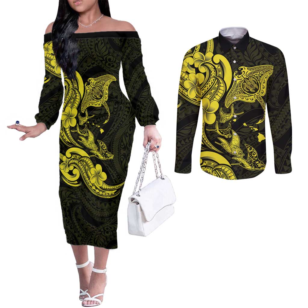 Hawaiian Manta Rays Couples Matching Off The Shoulder Long Sleeve Dress and Long Sleeve Button Shirt Tribal Hibiscus Polynesian Tattoos Yellow Color - Polynesian Pride