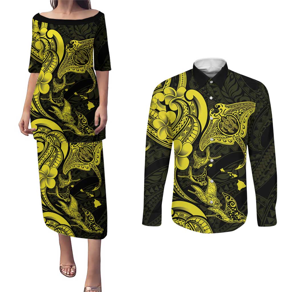 Hawaiian Manta Rays Couples Matching Puletasi and Long Sleeve Button Shirt Tribal Hibiscus Polynesian Tattoos Yellow Color LT03 Yellow - Polynesian Pride