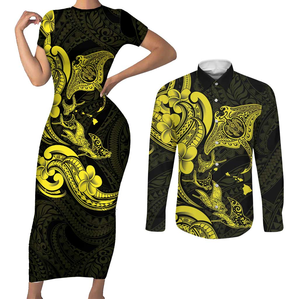 Hawaiian Manta Rays Couples Matching Short Sleeve Bodycon Dress and Long Sleeve Button Shirt Tribal Hibiscus Polynesian Tattoos Yellow Color LT03 Yellow - Polynesian Pride