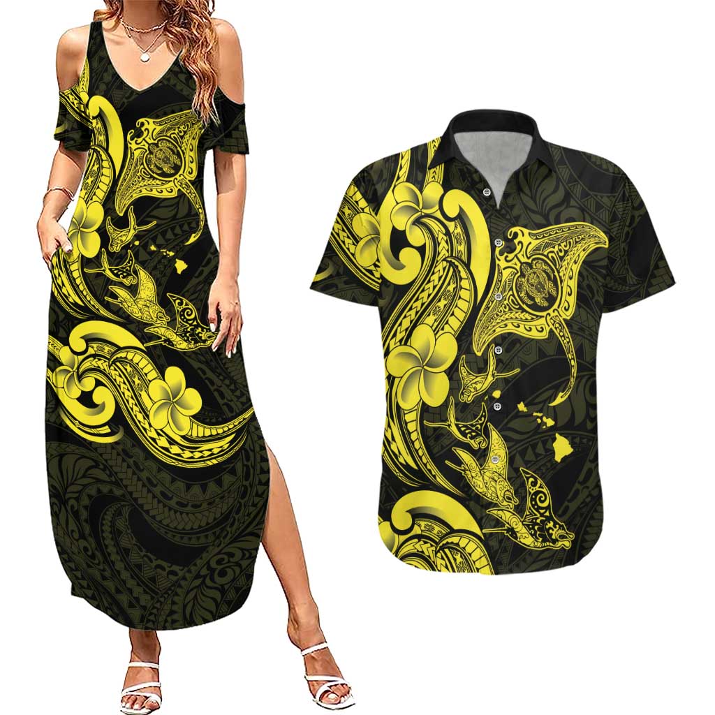 Hawaiian Manta Rays Couples Matching Summer Maxi Dress and Hawaiian Shirt Tribal Hibiscus Polynesian Tattoos Yellow Color - Polynesian Pride