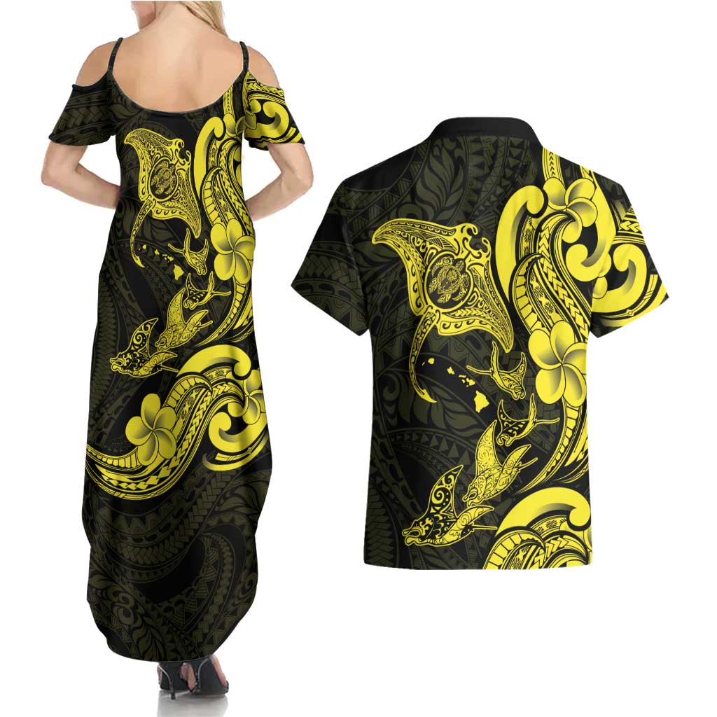Hawaiian Manta Rays Couples Matching Summer Maxi Dress and Hawaiian Shirt Tribal Hibiscus Polynesian Tattoos Yellow Color LT03 - Polynesian Pride