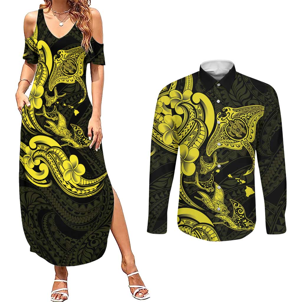 Hawaiian Manta Rays Couples Matching Summer Maxi Dress and Long Sleeve Button Shirt Tribal Hibiscus Polynesian Tattoos Yellow Color LT03 Yellow - Polynesian Pride