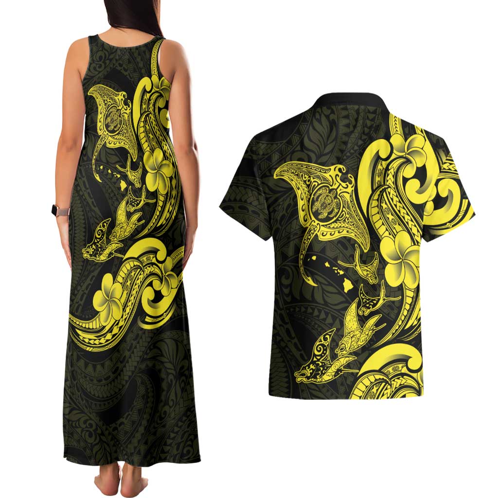 Hawaiian Manta Rays Couples Matching Tank Maxi Dress and Hawaiian Shirt Tribal Hibiscus Polynesian Tattoos Yellow Color LT03 - Polynesian Pride