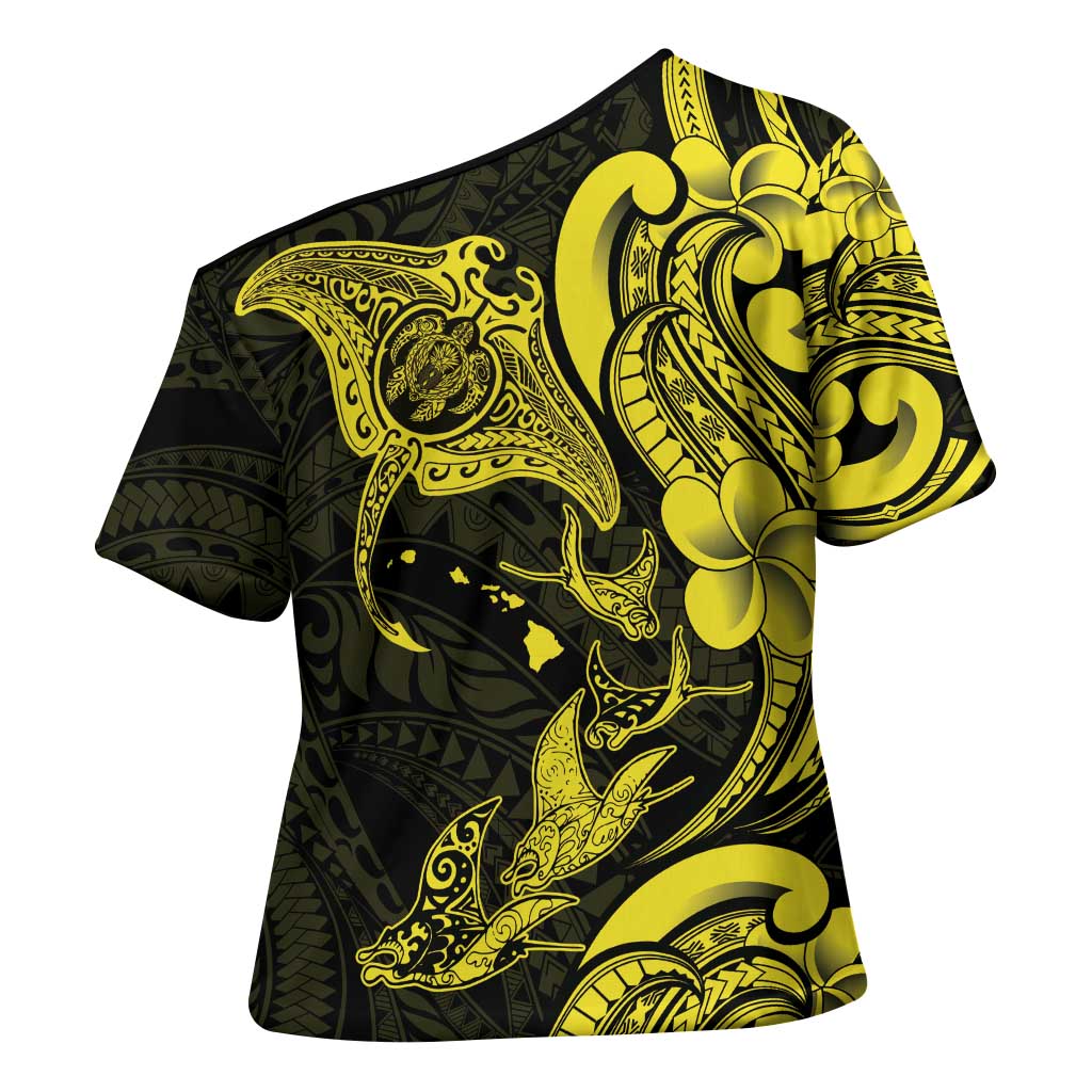 Hawaiian Manta Rays Cross Shoulder Shirt Tribal Hibiscus Polynesian Tattoos Yellow Color - Polynesian Pride