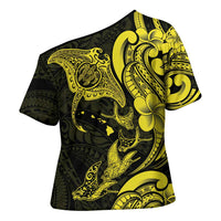 Hawaiian Manta Rays Cross Shoulder Shirt Tribal Hibiscus Polynesian Tattoos Yellow Color - Polynesian Pride