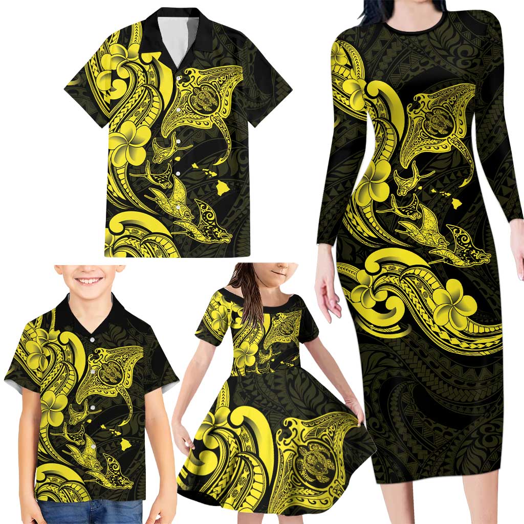 Hawaiian Manta Rays Family Matching Long Sleeve Bodycon Dress and Hawaiian Shirt Tribal Hibiscus Polynesian Tattoos Yellow Color - Polynesian Pride