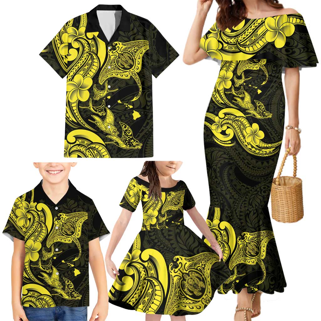 Hawaiian Manta Rays Family Matching Mermaid Dress and Hawaiian Shirt Tribal Hibiscus Polynesian Tattoos Yellow Color LT03 - Polynesian Pride