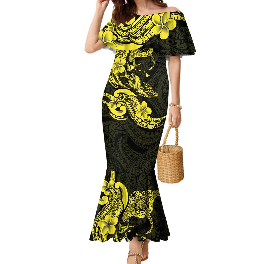 Hawaiian Manta Rays Family Matching Mermaid Dress and Hawaiian Shirt Tribal Hibiscus Polynesian Tattoos Yellow Color LT03 Mom's Dress Yellow - Polynesian Pride