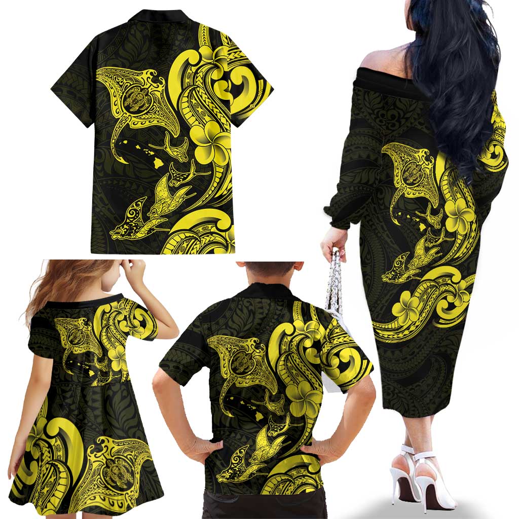 Hawaiian Manta Rays Family Matching Off The Shoulder Long Sleeve Dress and Hawaiian Shirt Tribal Hibiscus Polynesian Tattoos Yellow Color LT03 - Polynesian Pride