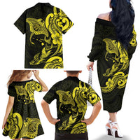 Hawaiian Manta Rays Family Matching Off The Shoulder Long Sleeve Dress and Hawaiian Shirt Tribal Hibiscus Polynesian Tattoos Yellow Color LT03 - Polynesian Pride