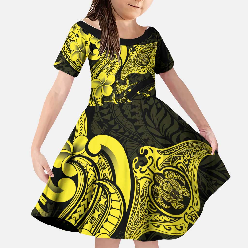 Hawaiian Manta Rays Family Matching Off Shoulder Short Dress and Hawaiian Shirt Tribal Hibiscus Polynesian Tattoos Yellow Color LT03 Daughter's Dress Yellow - Polynesian Pride